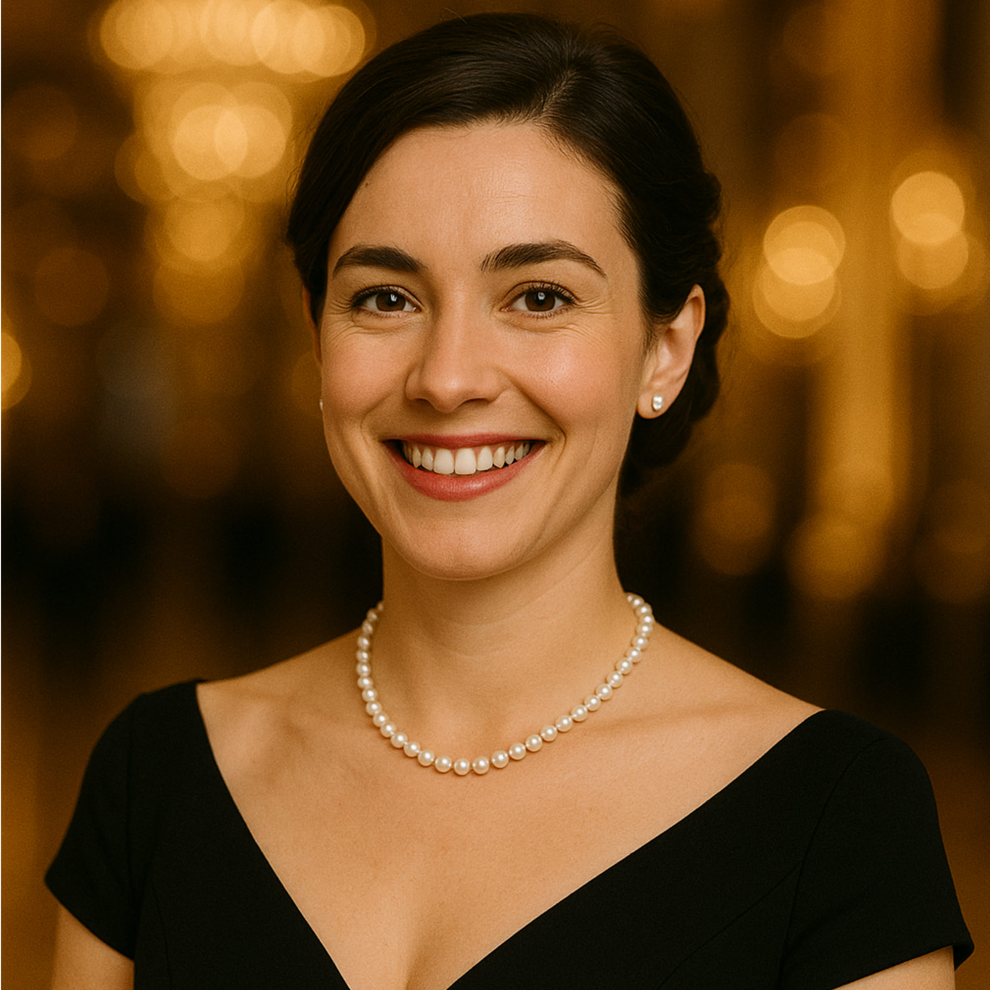 Colier cu Perle Albe 6–7 mm, la Baza Gâtului, Argint 925, Vedere Frontală, Ținută Neagră Elegantă